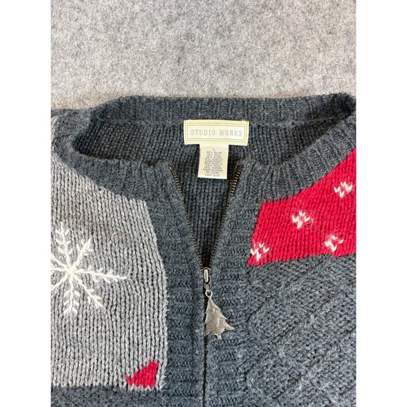 VINTAGE 90s Studio Works Christmas Cardigan Sweater Womens Large Knit Holiday - Picture 6 of 7